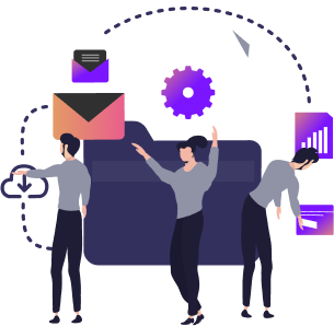 Illustration of people interacting with emails, charts, and folders, symbolizing communication and data management.