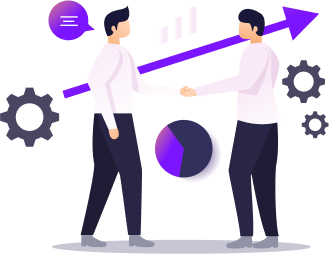 Two people shaking hands with business growth symbols.