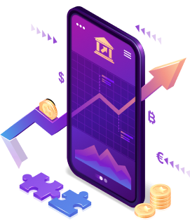 Mobile screen with financial growth chart and upward arrow.