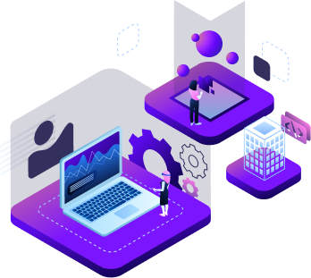 Illustration of a laptop with data charts, server, and users interacting with tech, symbolizing digital technology and data management.