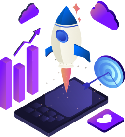 Rocket launching from a smartphone with charts and a target, symbolizing business growth and success.