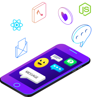 Smartphone with messaging icons and tech logos like React, Node.js, and Next.js.