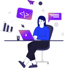 Illustration of a person coding on a laptop with programming symbols and chat bubbles.