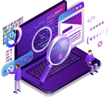 Illustration of software development with a laptop, magnifying glass, code, and bug detection.