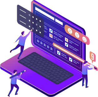 Illustration of a large laptop with users interacting with checklists, ratings, and feedback forms.